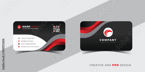 Modern black and red business card design with qr code and company logo