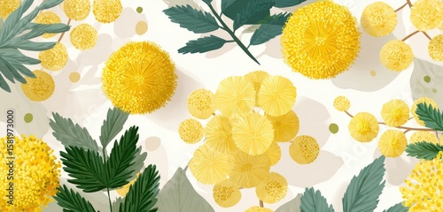 A vibrant illustration featuring numerous fluffy yellow mimosa flower blossoms scattered across a white background