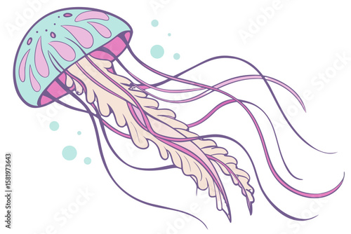 A beautiful jellyfish with long tentacles and blue bubbles