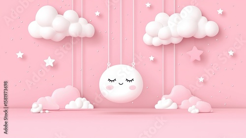 Cute Whimsical Moon and Clouds with Stars in a Soft Pink Background for Dreamy Designs