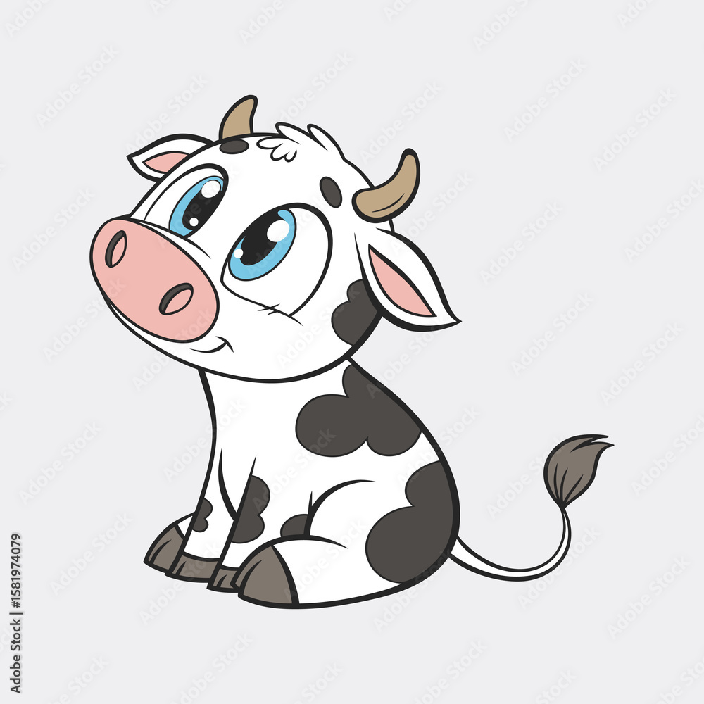 Fototapeta premium Flat Vector Illustration of a White Spotted Cow clipart white background 
