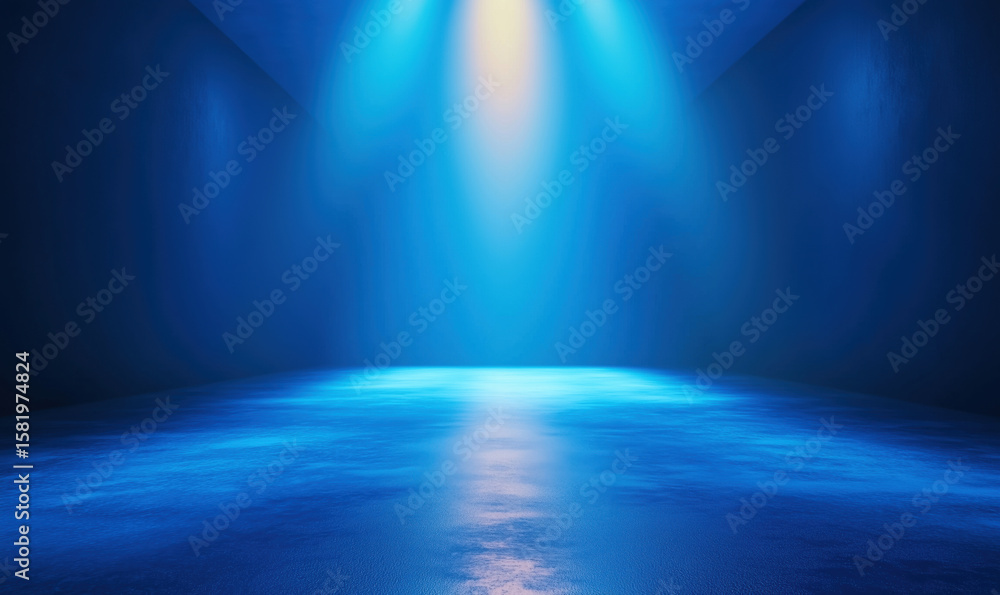 Obraz premium Blue illuminated stage with dramatic lighting and reflective floor surface.