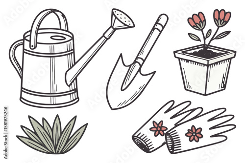 Vintage style gardening tools and plants in a sketch
