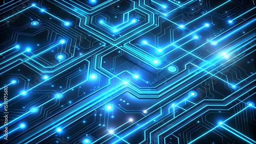 Closeup view of a glowing blue circuit board, showcasing intricate network connections