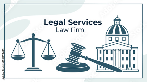 Modern minimalist illustration: scales of justice, gavel, courthouse; legal services, law firm concept; professional, trustworthy, authoritative mood; flat design; vector graphic.