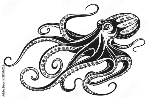 A black octopus with swirling tentacles on white background