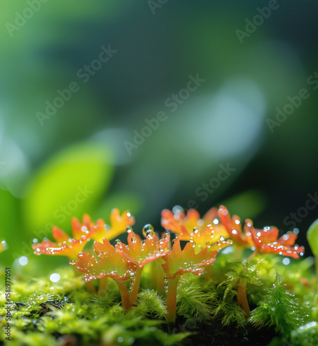 Vibrant orange mushrooms with dew drops on lush green moss in a serene forest setting.