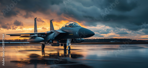 F-15 Eagle fighter jet on runway during sunset with dramatic clouds.