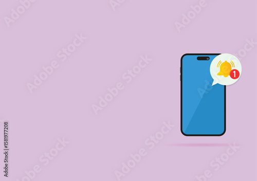 Mobile phone with a bell notification. Human hand hold mobile phone .Reminder on smartphone screen New message notification.
