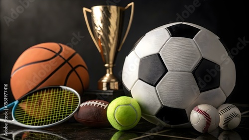 Wallpaper Mural A gold trophy sits among a collection of sports balls including a soccer ball, basketball, tennis ball, and baseballs Torontodigital.ca