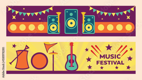 Vibrant Retro Music Festival Banner:  Colorful illustration featuring stylized speakers, guitar, drums, and trumpets; perfect for event promotion, website headers, or social media.