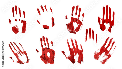 Red bloodstain handprints collection for Halloween horror designs - scary palm marks, finger smears, bloody scratches on white background. Creepy crime scene elements with dripping paint effect.