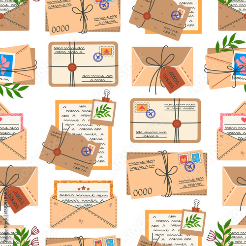 Letters, seamless vector pattern. Envelopes with postcards, documents, romantic correspondence, paper notes. Written message, mail. Parcel with photo, flowers, wax seal, stamps. Postal background
