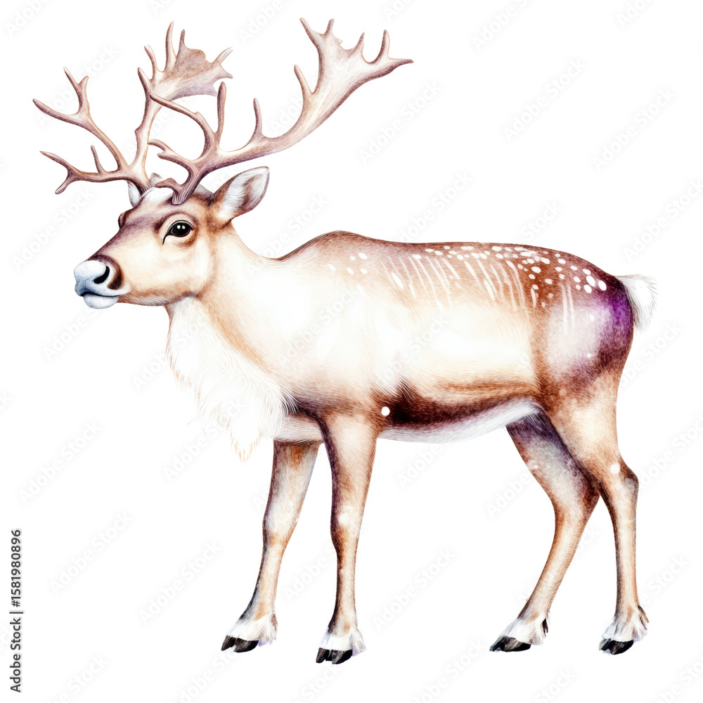 Obraz premium Beautiful realistic reindeer with large antlers standing on white background for seasonal holiday decoration