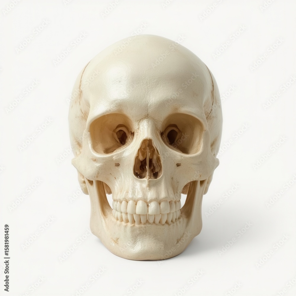 Human skull. Anatomical model. Study of the structure and proportions of the head. Pale bone texture. Human skull. Anatomical model. Study of the structure and proportions of the head. Pale bone texture.