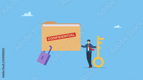Businessman lock document file folder with padlock. Symbolizes confidential document, privacy protection or secret secured lock, safety or security to archive file or document, accessibility control.