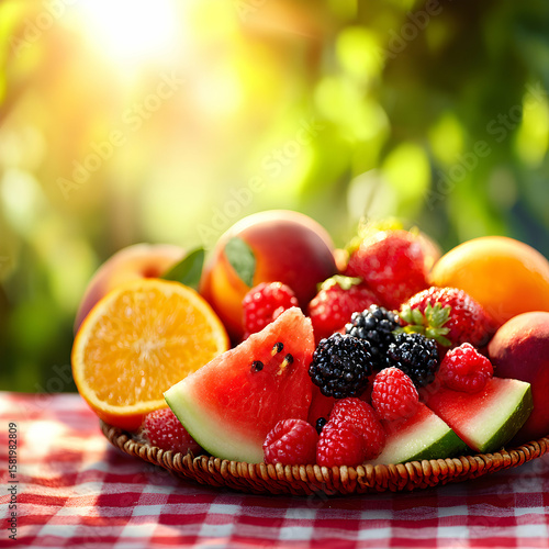 Vibrant Platter of Fresh Fruits Featuring Watermelon, Peaches, and Berries on a Picnic Blanket