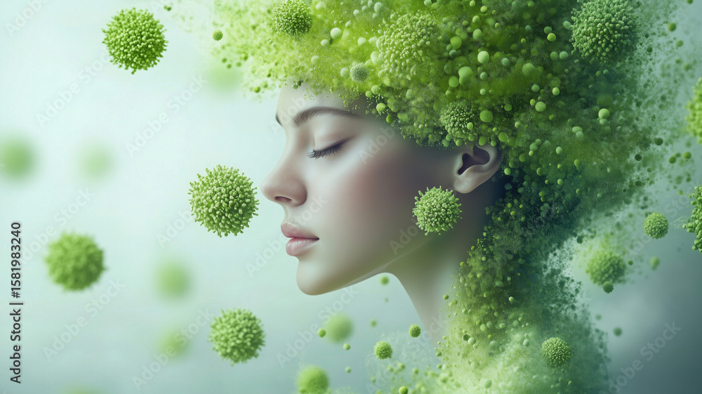custom made wallpaper toronto digitalWoman with green hair made of microorganisms and particles in surreal artistic representation.