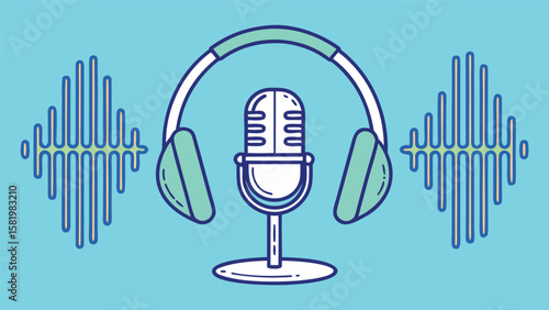 Retro Microphone with Headphones and Sound Waves:  Vibrant Blue Background,  Modern Line Art Style, Upbeat and Energetic Mood, Perfect for Podcast, Music, or Audio Branding.