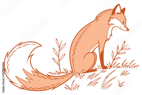 A stylized illustration of a fox sitting in grass with a large bushy tail