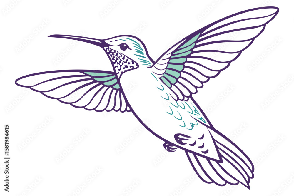 Obraz premium A purple and teal hummingbird in flight, isolated on white