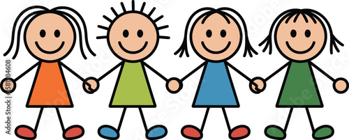 Illustration of four stick figure children holding hands with smiling faces on a white background art