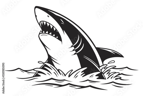 A black and white illustration of a shark jumping from waves