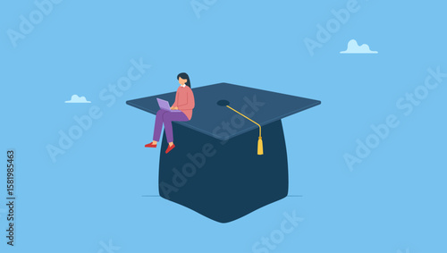 Smart woman learning with laptop on mortarboard. Symbolizes curriculum, learning or education, student academic, study new knowledge or scholarship, learning lesson, certificate or graduated.