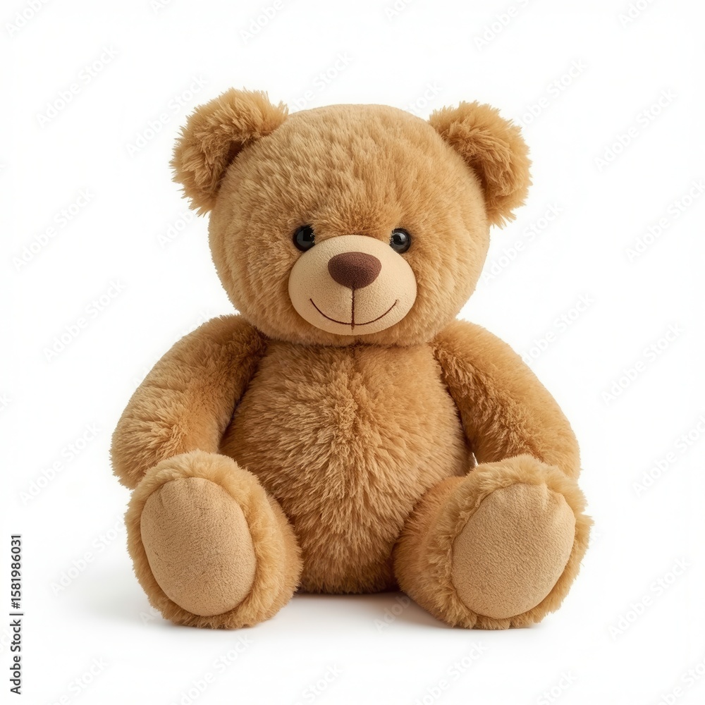 Obraz premium Adorable plush teddy bear sitting upright with a gentle smile against a plain white backdrop, perfect for cuddles.