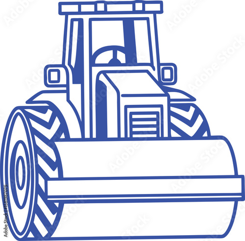 Blue line art illustration of a road roller vehicle front view compactor steamroller