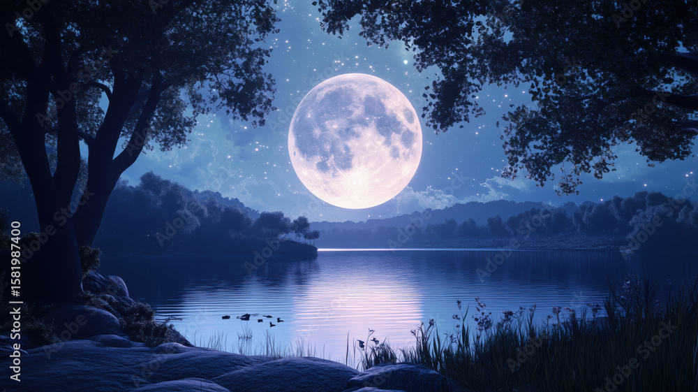 Naklejka premium Serene moonlit landscape reflecting on calm lake surrounded by trees and stars.