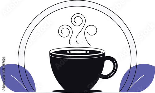 Classic coffee cup and steam graphic for a coffee shop or cafe establishment featuring a simple isolated emblem