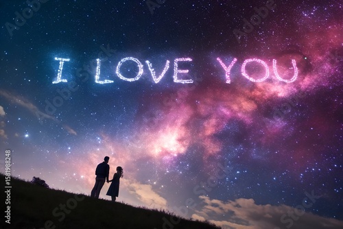 Couple gazes at starry sky with i love you message