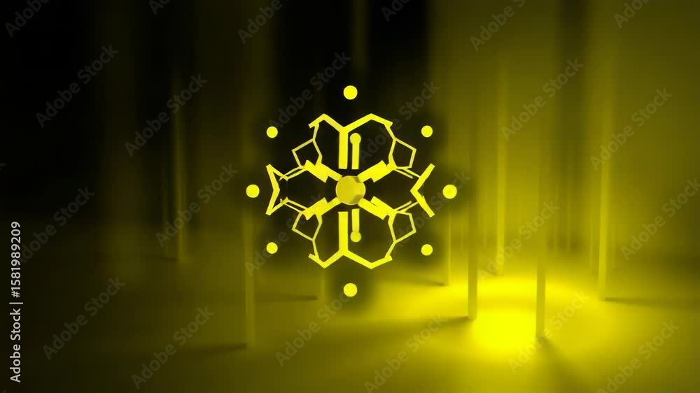 A glowing yellow geometric snowflakelike symbol on a dark, abstract background