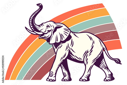 An elephant walks with a colorful rainbow
