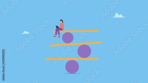 Woman working with computer laptop while balance on equilibrium. Symbolizes work life balance, equality or weight between working for money and life happiness, health, success and healthy lifestyle.