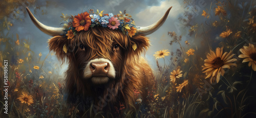 Highland cow adorned with flower crown in vibrant wildflower meadow.