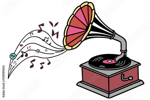 A vintage gramophone playing music with notes