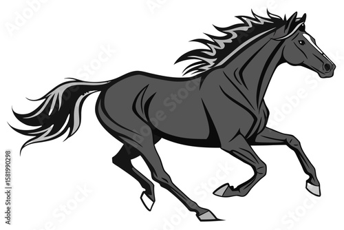 A powerful black horse gallops across a white background