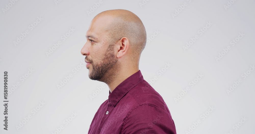 Fototapeta premium Man, profile and beard with facial hair in studio for style or salon on white background. Barber, male person or model with bald head or sideburns for grooming sense or styling on mockup space