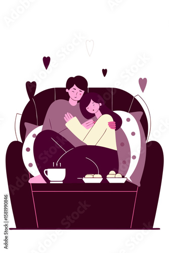 Couple cuddling on sofa in round flat illustration