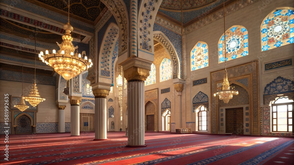 Obraz premium Grand mosque interior with ornate chandeliers and stained glass windows