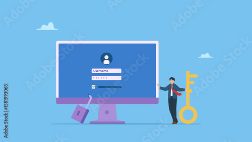 Businessman hold key with user account locked with strong lock pad. Strong password for cyber security, high protection and safety for login account, secure data privacy, online authentication.