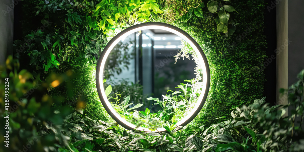 Obraz premium Circular mirror surrounded by lush greenery and modern design elements.