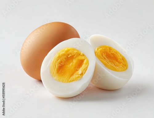 A whole brown egg and a halved hard-boiled egg with a bright yellow yolk sit on a plain white background