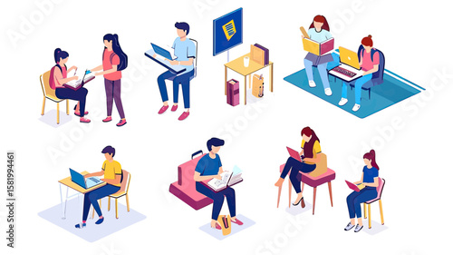 Isometric vector illustration of diverse college students studying with books and laptops in various seated poses isolated on white background, flat minimalist style