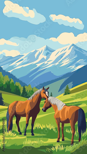 Two brown horses grazing on green grassy mountain landscape with blue sky and snowy peaks in flat minimalist vector style nature scene