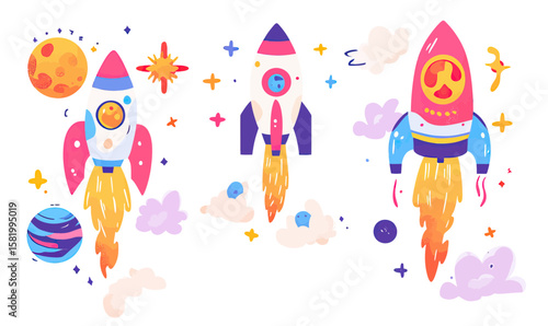 Colorful cartoon rocket ships launching into space with planets stars clouds playful flat vector illustration set of three rockets blasting off with fire and smoke trail