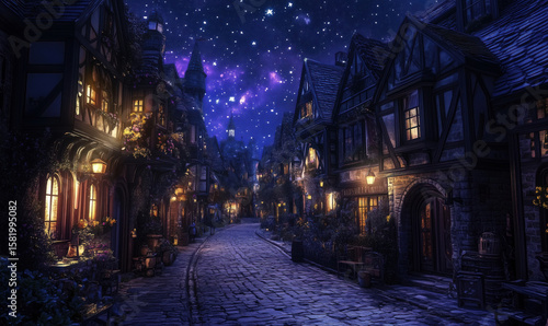 Enchanting night scene of a medieval village under a starry sky with glowing lanterns.