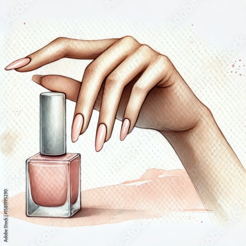Female hand with long manicured nails holding nail polish bottle in soft pink shade on textured background. Watercolor illustration.